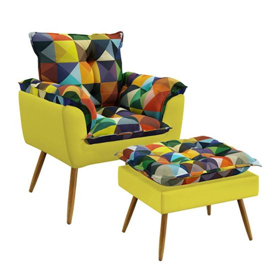 Imagem de Poltrona Decorativa Beta com Puff Lunar Sued Estampado Colorido com Amarelo Aradecor