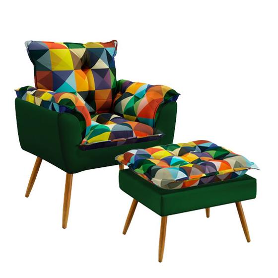 Imagem de Poltrona Decorativa Beta com Puff Lunar Sued Estampado Colorido com Verde Aradecor