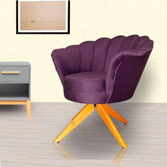 Imagem de Poltrona Decorativa Estofada Base Giratória de Madeira Pétala Veludo Roxo - DL Decor