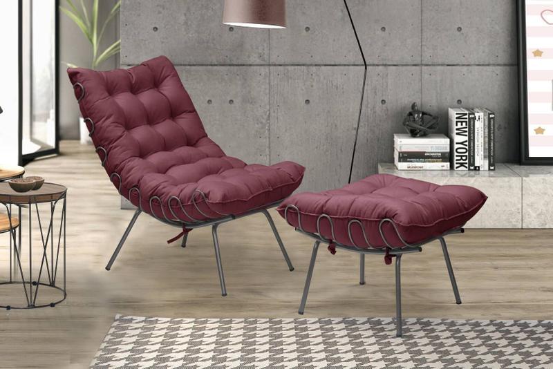 Imagem de Poltrona Decorativa Luxo Costela com Puff Adão Metal Preto - Veludo Bordo - Jotabe Moveis