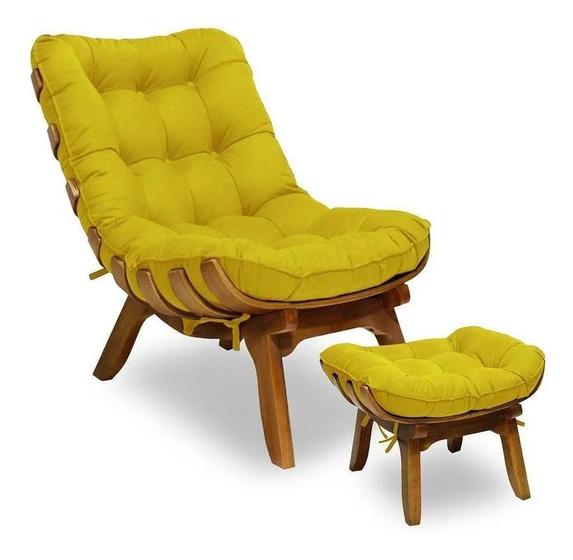 Imagem de Poltrona Decorativa Mais Puff Costela Base De Madeira Belo Tok - Suede Amarelo