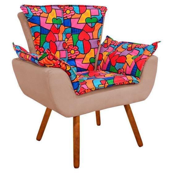 Imagem de Poltrona Decorativa Opala Suede Composê Estampado Romero Britto D15 e Suede Bege - D'Rossi