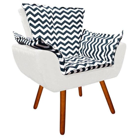 Imagem de Poltrona Decorativa Opala Suede Composê Estampado Zig Zag Azul Marinho D02 e Suede Branco - D'Rossi