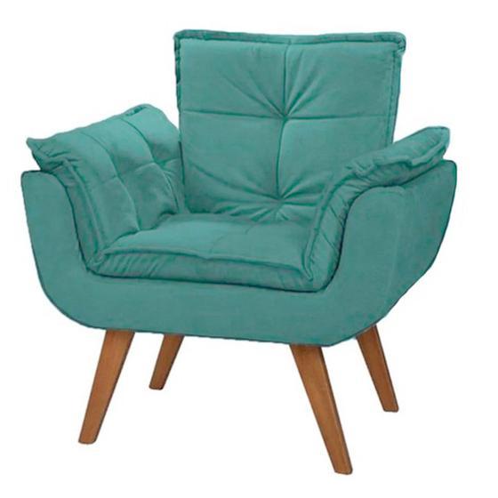 Imagem de Poltrona Decorativa Opalla Suede Azul Tiffany Pés Palito Caramelo para Sala de Estar Luxo - Bela Decor