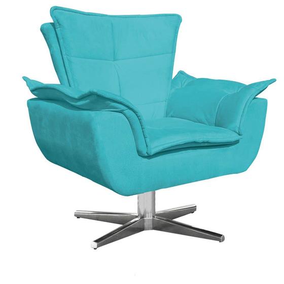 Imagem de Poltrona Decorativa Sala de Estar Base Giratória Cromada Opla Suede Azul Tiffany- Ibiza