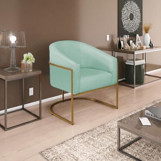 Imagem de Poltrona Decorativa Sala de Estar Recepção Luiza Base de Ferro Dourado Suede Azul Tiffany - Amarena Móveis