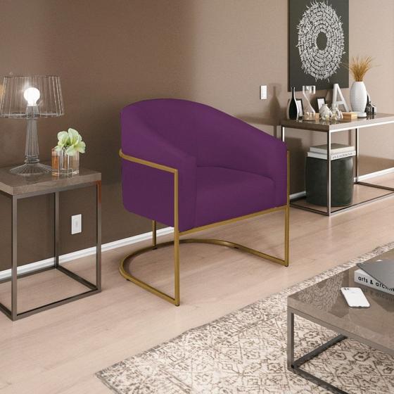 Imagem de Poltrona Decorativa Sala de Estar Recepção Luiza Base de Ferro Dourado Suede Roxo - Amarena Móveis