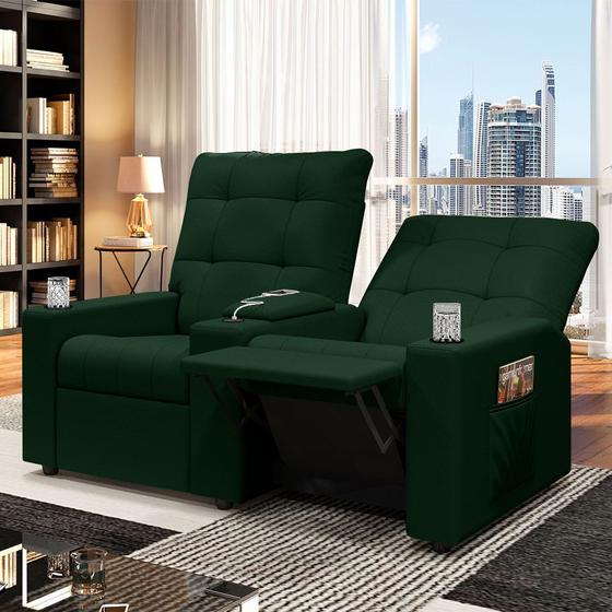 Imagem de Poltrona do Papai Reclinável Sala de Cinema Movie 2 Lugares Manual Baú USB Veludo Verde Esmeralda G23