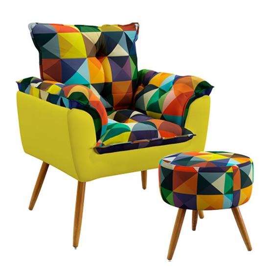 Imagem de Poltrona Estofada Beta com Puff Solar Sued Estampado Colorido com Amarelo Aradecor