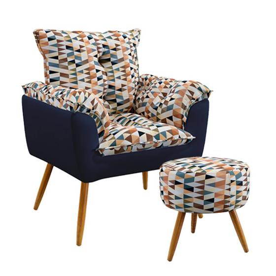 Imagem de Poltrona Estofada Beta com Puff Solar Sued Estampado Laranja com Azul Marinho Aradecor