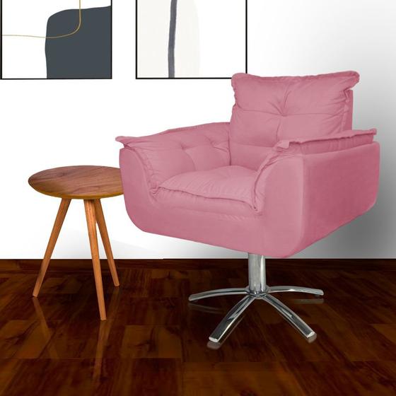 Imagem de Poltrona Estofada Com Base Giratória de Metal Opala Suede Rosa Barbie - DL Decor