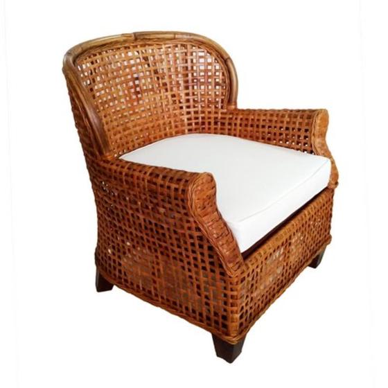 Imagem de Poltrona Madeira c Rattan Assento Branco Luxo