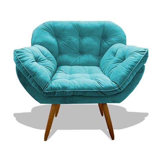 Imagem de Poltrona Miami Cadeira Robusta Pés Palitos Fibra Silicone Sala De Estar Clínica Recepção Quarto Veludo Azul Turquesa