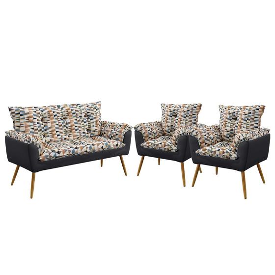 Imagem de Poltrona Namoradeira e 2 Poltronas Opala F-014 Sued Estampado Bege com Veludo Aradecor