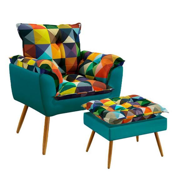 Imagem de Poltrona Opala com Puff Lunar Sued Estampado Colorido com Azul Turquesa Aradecor