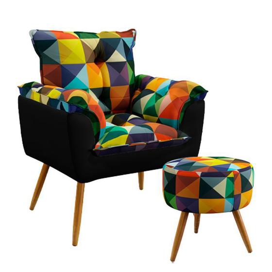 Imagem de Poltrona Opala com Puff Solar Suede Estampado Colorido com Preto Aradecor