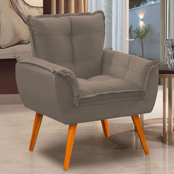 Imagem de Poltrona Opala Decorativa Para Sala 79 Cm Pés Palito Madeira Veludo Bege - SóSofá