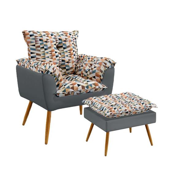 Imagem de Poltrona para Sala de Estar Beta com Puff Lunar Sued Estampado Laranja com Cinza Aradecor
