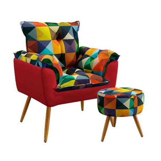 Imagem de Poltrona Para Sala de Estar Opala com Puff Solar Sued Estampado Colorido com Vermelho Aradecor