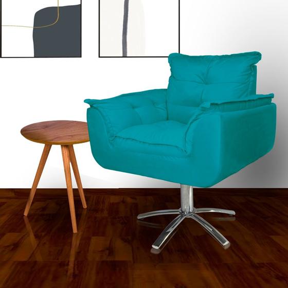 Imagem de Poltrona Sala de Estar Base Giratória de Metal Opala Suede Azul Turquesa - LM DECOR