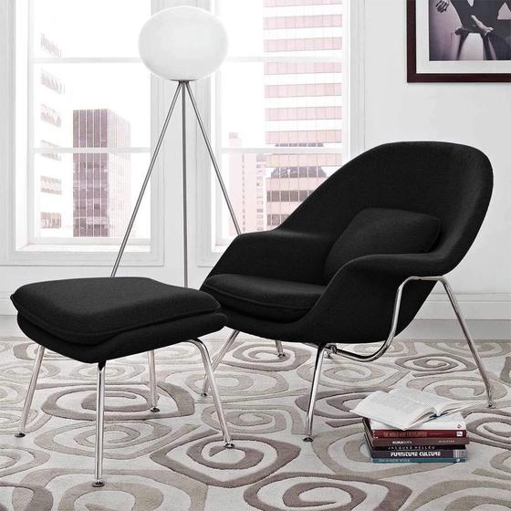 Imagem de Poltrona Womb Chair com Puff Cromada Linho Preto