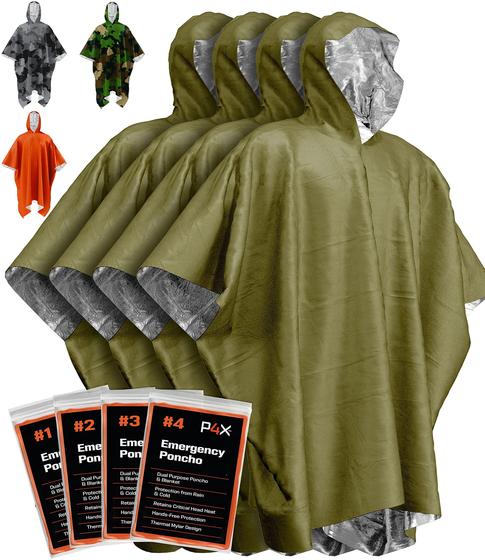 Imagem de Poncho de Chuva de Emergência PREPARED4X com Forro Mylar - Pacote com 4 Unidades