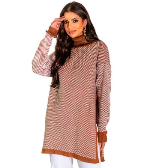 Imagem de Poncho Feminino Parka De Frio Blusa Tricot Tamanho Único Kimono Quentinho Modal Xadrez Mulher Tendencia Inverno Lindo