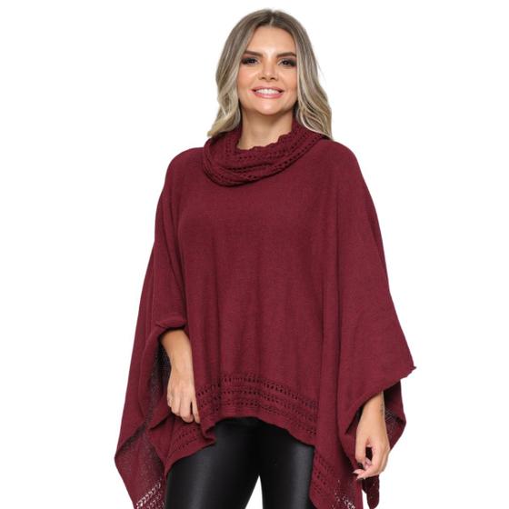 Imagem de Poncho Feminino Tricot Mousse Liso Gola Alta Casaco Lã Inverno