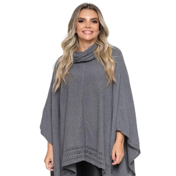 Imagem de Poncho Feminino Tricot Mousse Liso Gola Alta Casaco Lã Inverno