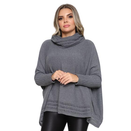 Imagem de Poncho Feminino Tricot Mousse Liso Gola Alta Casaco Lã Inverno