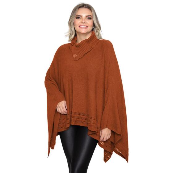 Imagem de Poncho Feminino Tricot Mousse Liso Gola Alta Casaco Lã Inverno