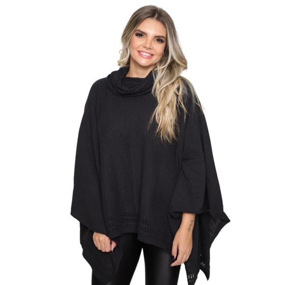 Imagem de Poncho Feminino Tricot Mousse Liso Gola Alta Casaco Lã Inverno