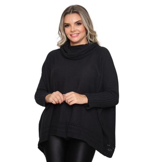 Imagem de Poncho Feminino Tricot Mousse Liso Gola Alta Casaco Lã Inverno