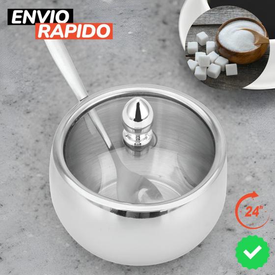 Imagem de Porta Açúcar Açucareiro Com Tampa De Vidro Com Colher Em Inox PráticoCozinhaMesa