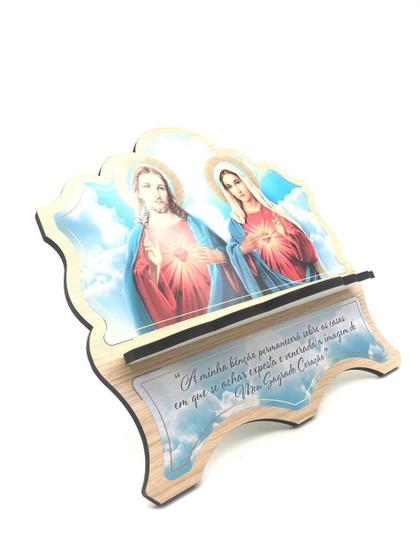 Imagem de Porta Bíblia De Madeira Mdf Sagrado Coração De Jesus E Maria