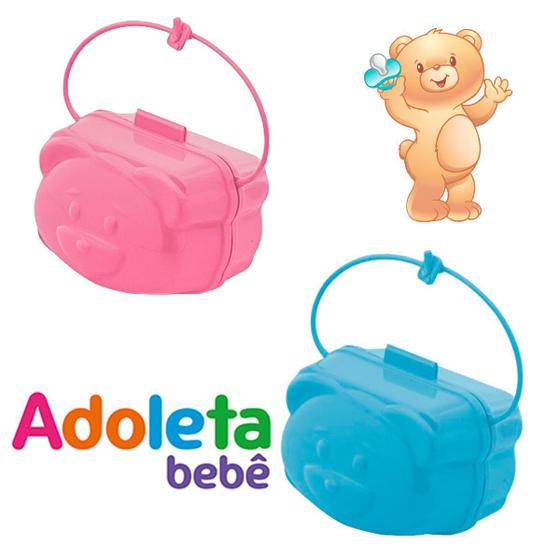 Imagem de Porta Chupeta Urso Caixinha Estojo Protege Bico Bebê C/ Alça Cores Azul ou Rosa Livre de BPA