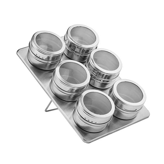 Imagem de Porta Condimento 6 potes de aço inox com visor e suporte magnético retangular