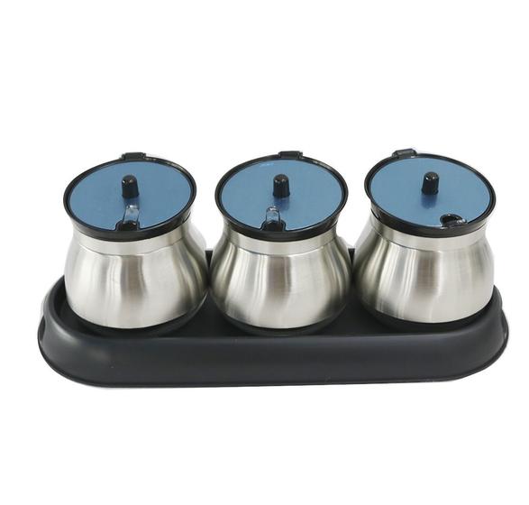 Imagem de Porta condimento de inox com 3 potes e suporte de plastico