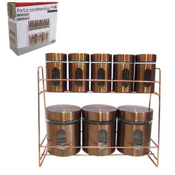 Imagem de Porta Condimento de Vidro Inox Kit com 8 Pecas 320, 80ml com Suporte Metalizado Rose  