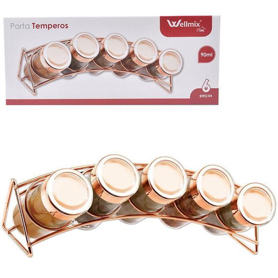 Porta condimento de vidro kit com 5 pecas 90ml + suporte aramado metalizado rose gold - Wellmix Imagem de Porta condimento de vidro kit com 5 pecas 90ml + suporte aramado metalizado rose gold - Wellmix