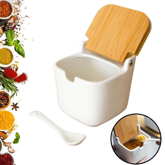 Porta Condimento Saleiro Em Porcelana Com Colher Em Cerâmica Menor preço em Porta Condimento Saleiro Em Porcelana Com Colher Em Cerâmica