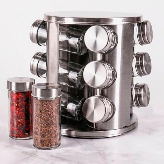 Imagem de Porta Condimento Vidro Giratório Com Tampa Inox Para Organizar Cozinha