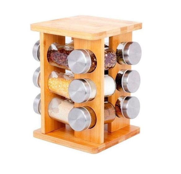 Imagem de Porta Condimentos com Suporte Giratório em Bambu/Vidro 12 Potes - Dolce Home