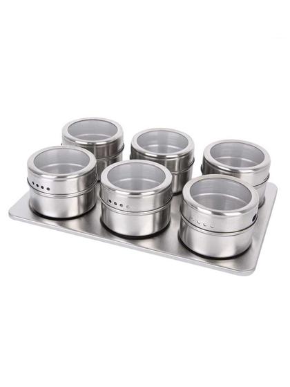 Imagem de Porta Condimentos de Inox Magnético com 6 Potes e Suporte
