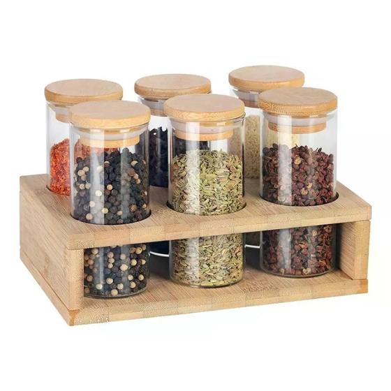Porta Condimentos de Vidro com Suporte de Bambu - 7 Peças - Mimo Style Menor preço em Porta Condimentos de Vidro com Suporte de Bambu - 7 Peças - Mimo Style