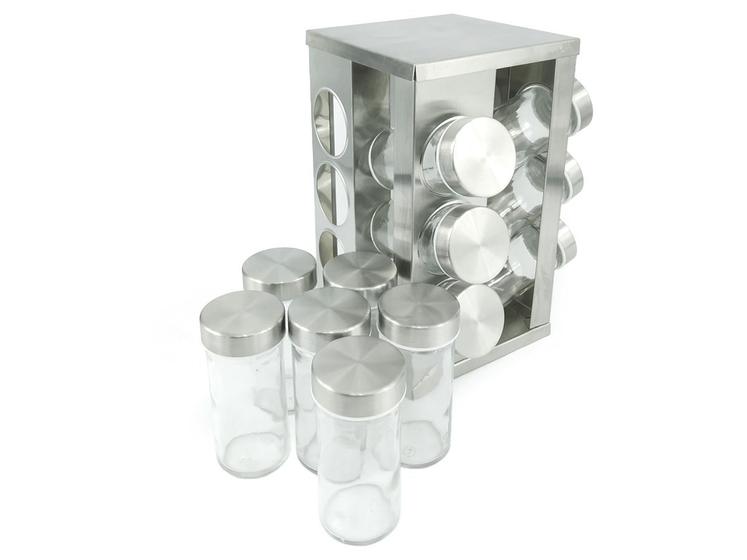 Imagem de Porta Condimentos Em Aço Inox Com 12 Potes De Vidro e Base Giratório