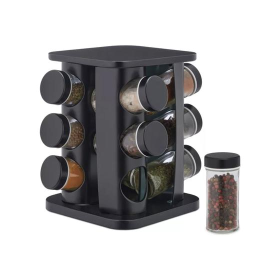 Porta Condimentos Giratório com 12 potes em Vidro Preto Menor preço em Porta Condimentos Giratório com 12 potes em Vidro Preto