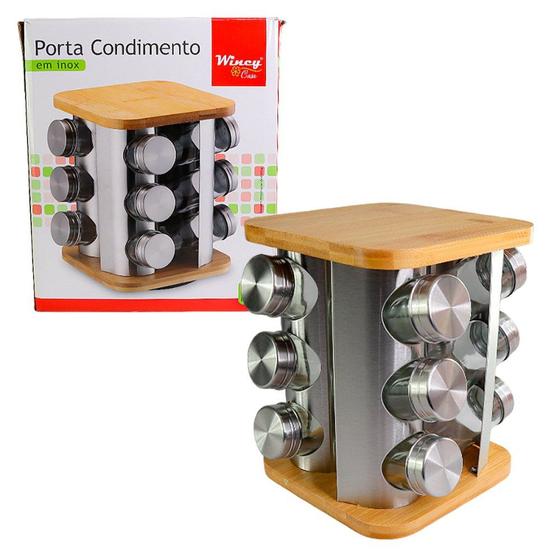 Imagem de Porta Condimentos Giratório Inox Base de Bambu 12 Potes 90ml