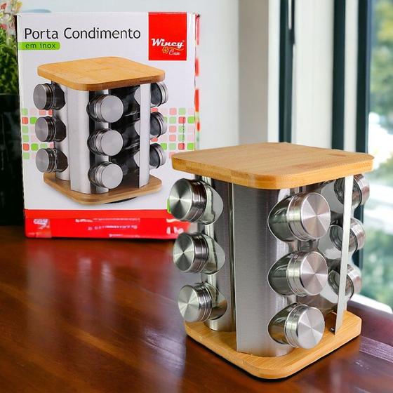 Imagem de Porta Condimentos Giratório Inox com Base de Bambu 12 Potes 90ml