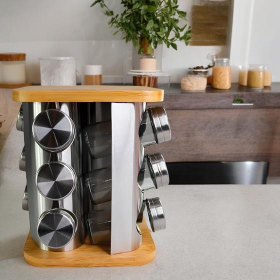 Imagem de Porta Condimentos Giratório Inox com Base de Bambu 12 Potes 90ml